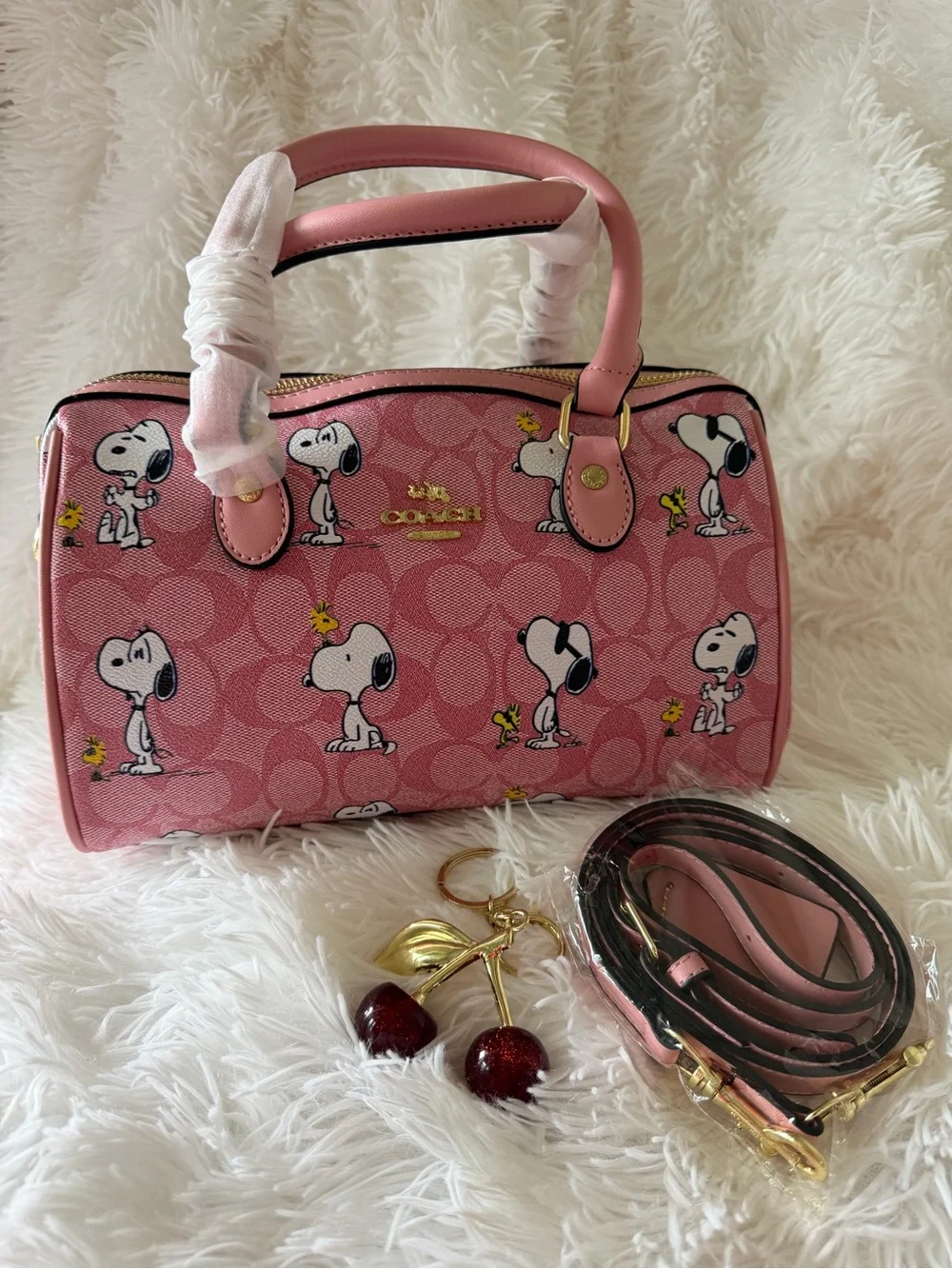 Fashion bag!!Pink Snoopy Print Satchel Bag with Crossbody Strap & Cherry Charm